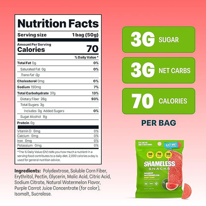Shameless Snacks - Healthy Low Calorie Snacks, Low Carb Keto Gummies (Gluten Free Candy) - 6 Pack Wassup Watermelon
