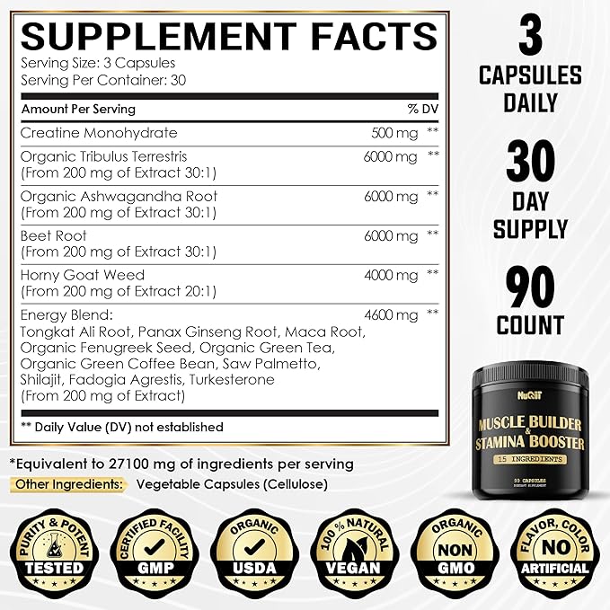 Muscle Builder Supplement with Creatine Monohydrate 500mg Tribulus 6000mg & 90 Capsules
