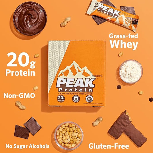 PEAK PROTEIN BARS - Chocolate Peanut Butter Crunch - Natural - Grass-Fed Whey - 20G Protein - Non-GMO - Gluten Free - Organic Milk Chocolate (12 Bars)