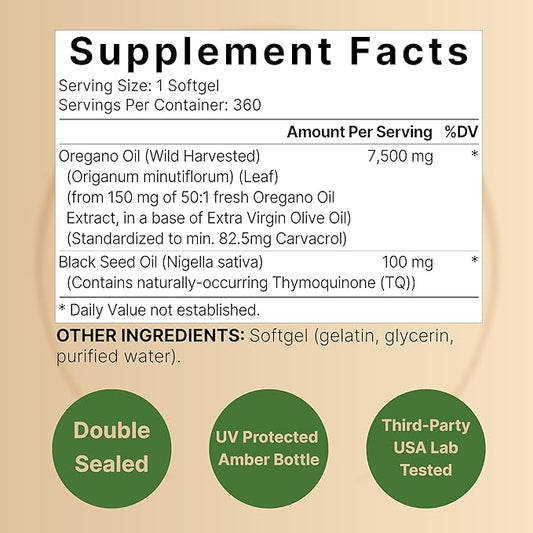 NatureBell Oregano Oil 7,500mg with Black 360 Softgels 360-day Supply