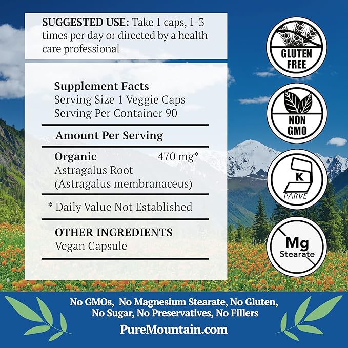 Pure Mountain Botanicals Astragalus Root Capsules 90 Kosher 470mg Organic