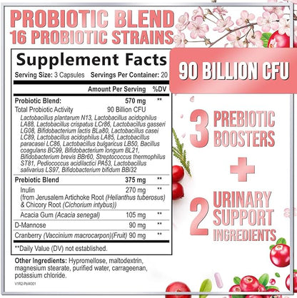 Probiotics for Women 90 Billion CFU, 16 Probiotic Strains with Cranberry, D-Mannose & Prebiotics, for Feminine PH Balance, Vaginal Odor & Digestive Health, Immune Support, Shelf Stable - 60 Capsules