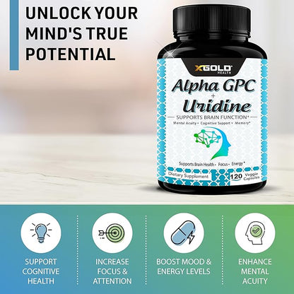 Alpha GPC Choline 600mg + Uridine 300mg-2-in-1 Nootropic -120 Veggie