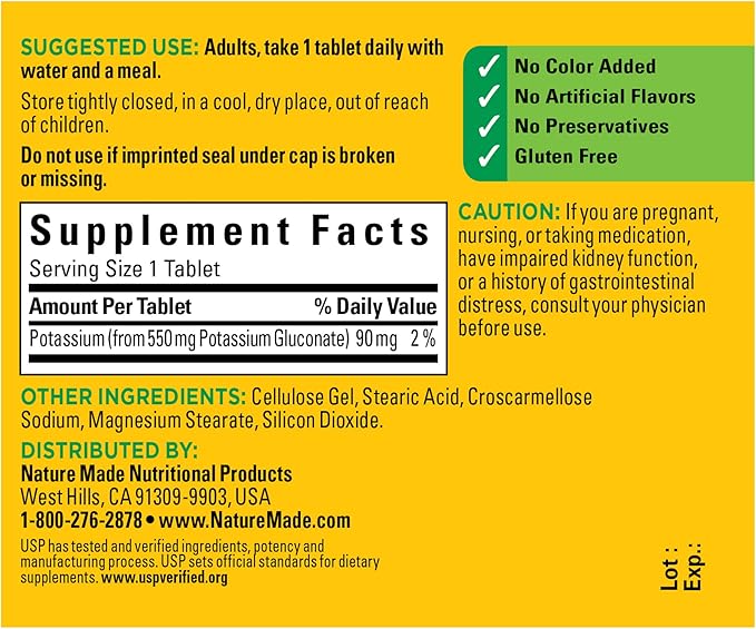 Nature Made Potassium Gluconate 550 mg, Dietary Supplement for Heart Health Support, 100 Tablets, 100 Day Supply (Pack of 2)