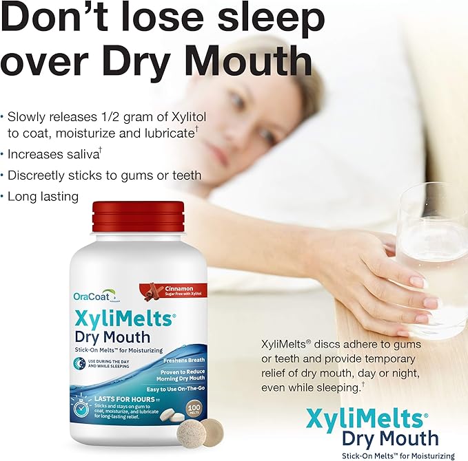 OraCoat XyliMelts Dry Mouth Relief Moisturizing Stick-On-Melts with Xylitol, 100 Count, Cinnamon, Helps Stimulate Saliva for Dry Mouth, Non-Acidic, Day & Night Use, Time Release for Up to 8-Hour