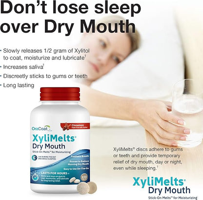OraCoat XyliMelts Dry Mouth Relief Moisturizing Stick-On-Melts with Xylitol, 100 Count, Cinnamon, Helps Stimulate Saliva for Dry Mouth, Non-Acidic, Day & Night Use, Time Release for Up to 8-Hour