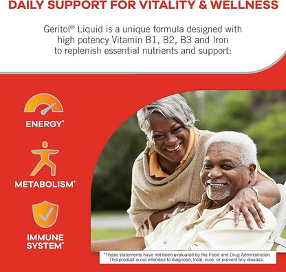 Geritol Liquid Vitamin and Iron Supplement, Energy Support, Contains High Potency B-Vitamins and Iron, Pleasant Tasting, Easy to Swallow, No Artificial Sweeteners, Non-GMO, 12 Oz, 3 Pack