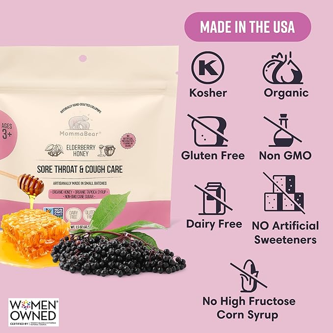MommaBear Organics Handcrafted Kids Cough Lollipops – Natural Sore Throat Relief & Cough Drop Suckers for Kids 3+ – Elderberry Bits, Honey & Organic Flavors – Tightly Sealed for Freshness, 5pc
