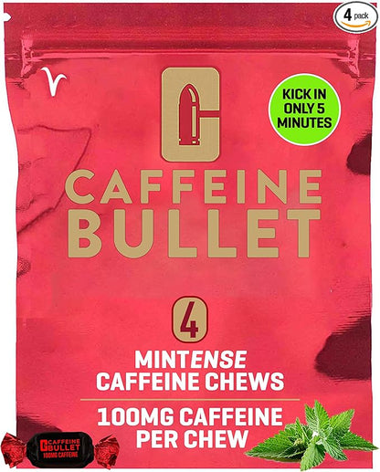Caffeine Bullet Mint Energy Chews *4 – Faster Kick Than Pills, Gels and Gum. 100mg per Serving - Sport Science for Running, Cycling, Gaming & A Pre Workout Endurance Boost.