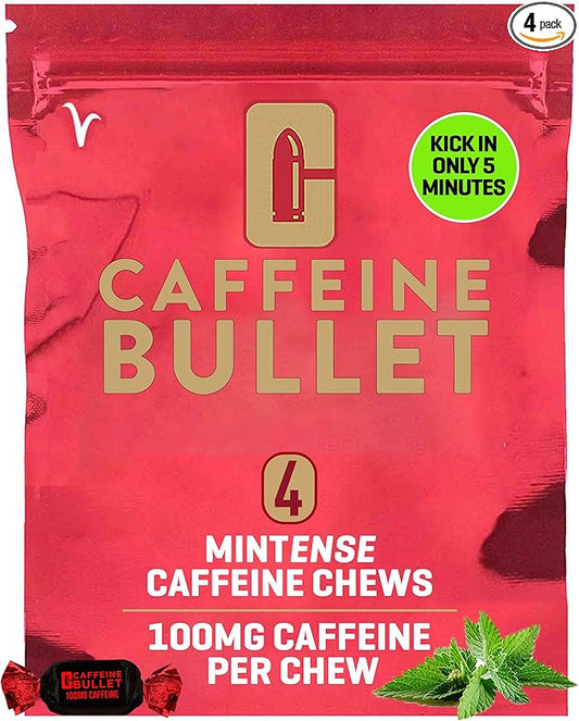 Caffeine Bullet Mint Energy Chews *4 – Faster Kick Than Pills, Gels and Gum. 100mg per Serving - Sport Science for Running, Cycling, Gaming & A Pre Workout Endurance Boost.