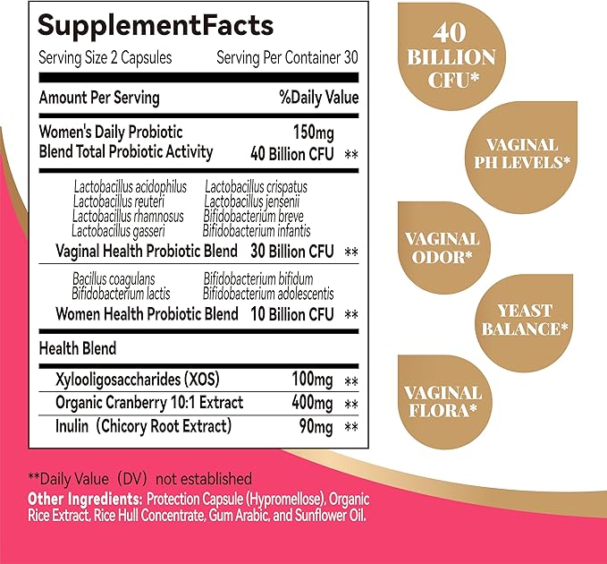 Vaginal Probiotics for Women,40 Billion CFU Promotes pH Balance,Healthy Vaginal Odor & Urinary Tract Health with Organic Prebiotics,Cranberry,60 Capsules