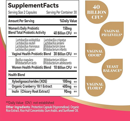 Vaginal Probiotics for Women,40 Billion CFU Promotes pH Balance,Healthy Vaginal Odor & Urinary Tract Health with Organic Prebiotics,Cranberry,60 Capsules