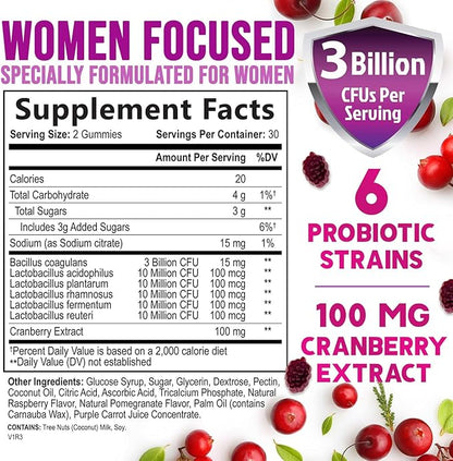 Probiotic Gummy for Women - Digestive Health Support, 3 Billion CFU Womens Probiotic for Vaginal pH, Urinary & Immune Support, 6 Diverse Strains w/ Cranberry, Non-GMO Probiotics - 60 Gummies