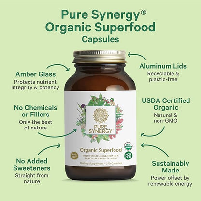PURE SYNERGY Superfood Capsules | Organic Superfood & Greens Supplement | Whole Food Capsules with Super Greens, Spirulina, & Mushrooms | for Energy, Healthy Aging & Immune Health (270 Capsules)