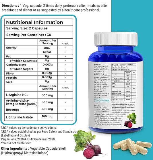 Nitric Oxide Capsule L-Arginine Supplement 60 Vegan