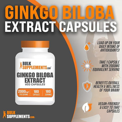 BulkSupplements.com Ginkgo Biloba Extract Capsules 2000mg, Ginkgo 1 Capsule 180 Veg