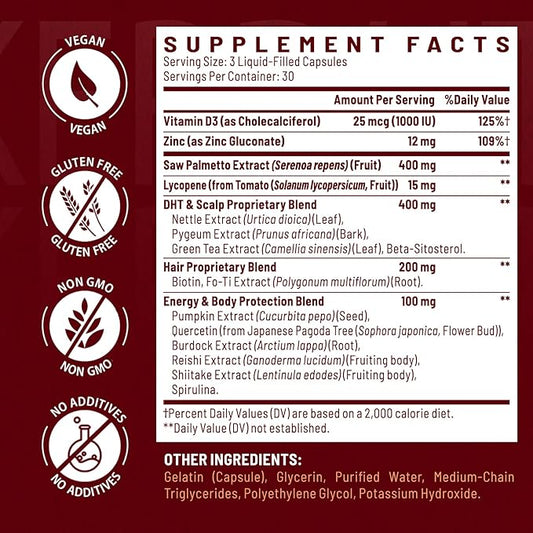 DHT Blocker for Men | Hair Growth Supplement with Saw Palmetto & Biotin - Hair Growth Vitamins - Hair Regrowth - Natural Hair Loss Supplements Liquid-Filled - Proprietary Herbal Blends (90 Capsules)