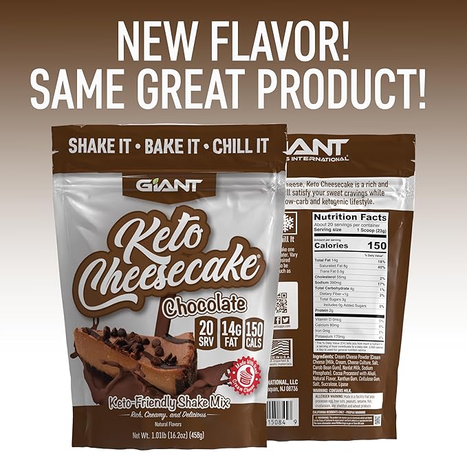 Giant Sports Keto Cheesecake Shake Mix - Delicious Low Carb, Ketogenic Diet Gluten Free Powder Mix - Works Great with Almond Milk - Chocolate (20 Serving Bag)