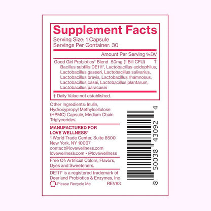 Love Wellness Good Girl Probiotics | Women's Vaginal Health Supplement | Vaginal Probiotics for Women pH Balance & Urinary Tract Health | Support Vaginal Odor & Flora | 30 Count