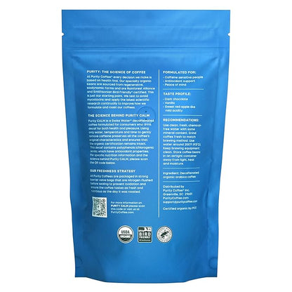 Purity Coffee CALM Decaf Medium Roast Whole Beans - USDA Certified Organic Specialty Grade Arabica Swiss Water Processed Decaffeinated - Third Party Tested for Mold, Mycotoxins, Pesticides - 12 oz Bag