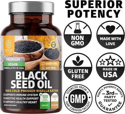 Number One Nutrition N1N Premium Black Seed Oil [Max Strength, 1000 mg] 100% Cold-Pressed Nigela Sativa to Support Digestion, Immune System and Joint Comfort and Mobility, 120 Caps
