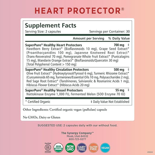 PURE SYNERGY Heart Protector | Organic Heart Health Support | Holistic Heart Supplement with Organic Hawthorn Berry, Resveratrol, and Nattokinase | For Heart, Blood, and Vascular Support (60 Capsules)