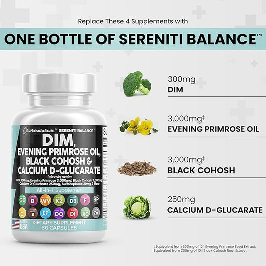 Clean Nutraceuticals DIM 300mg Evening Primrose 3000mg Black 3000mg Calcium 250mg Sulforaphane 60 Caps
