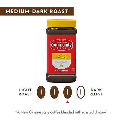 Community Coffee Coffee and Chicory Instant Coffee, Medium Dark Roast, 7 Ounce Jar (Pack of 12)