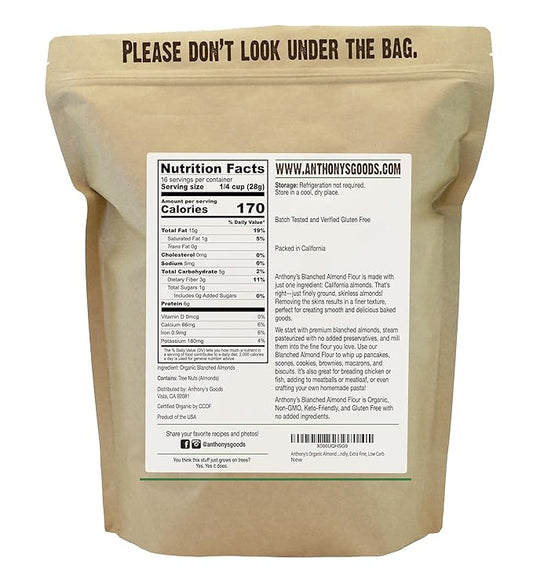 Anthony's Organic Almond Flour, 1 lb, Blanched, Gluten Free, Non GMO, Keto Friendly, Extra Fine, Low Carb