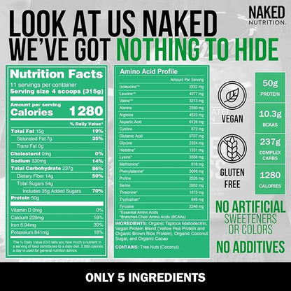 NAKED Mass - Chocolate Vegan Weight 8Lb Bulk, 1,280 Calories 11 Servings