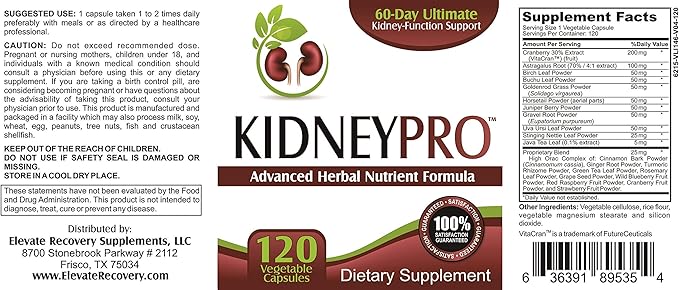 Kidney-Pro: with 21 Kidney Health Supplements 1 Formula Support),120 capsules.