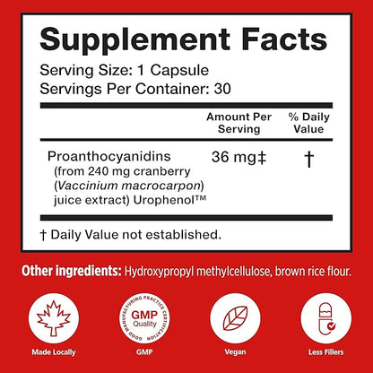 Utiva Cranberry PACs – Clinically Studied Ingredients 36mg PACs Extract - UTI Prevention for Women - Urinary Tract Health – Cranberry Supplement Pills for Bladder Health, 30 Vegi Capsules
