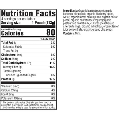 Plum Organics Mighty 4 Organic Toddler Food - Banana, Blueberry, Sweet Potato, Carrot, Greek Yogurt, and Millet - 4 oz Pouch (Pack of 12) - Organic Fruit and Vegetable Toddler Food Pouch