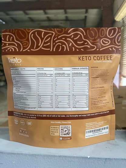 Keto Vitals Instant Keto Coffee Powder - Low-Calorie Sweetened Coffee Packets, Single Serve - Instant Mix in Original, Vanilla, & Mocha Flavors - 30 Count