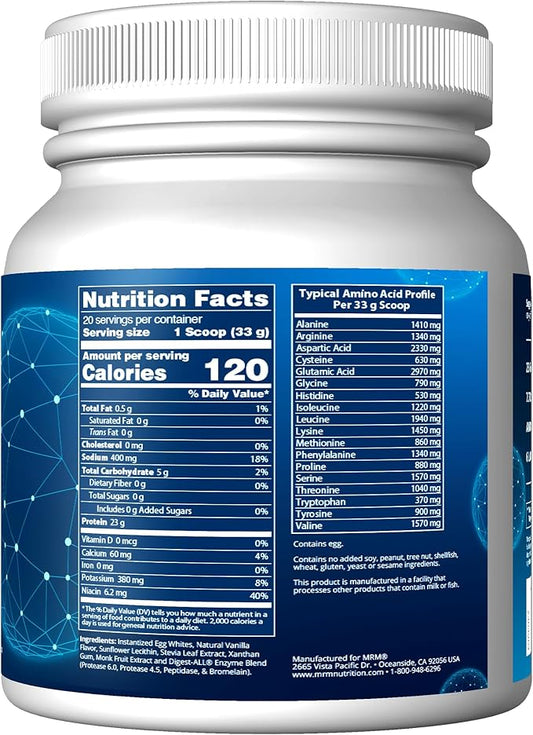 MRM Nutrition Egg White Protein | Vanilla Flavored | 23g Fat-Free Protein | with Digestive enzymes | Highest Biological Value | Clinically Tested | 20 Servings