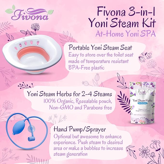 FIVONA Yoni Steam Kit 3-in1 Set - Herbal Therapy - Steaming Herbs Blue Moon Recipe 1.76oz for 2-4 Sessions - Expandable V Steam Seat - Hand Pump - Vaginal Cleansing - PH Balance - Fertility Increase