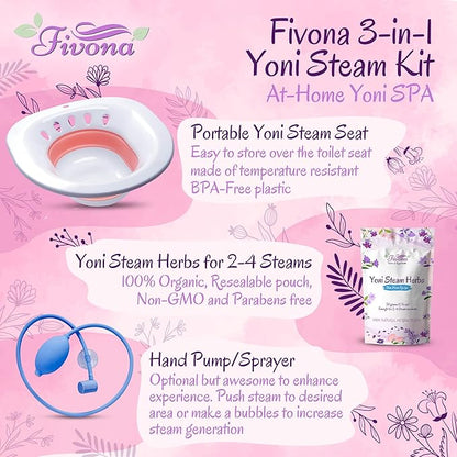 FIVONA Yoni Steam Kit 3-in1 Set - Herbal Therapy - Steaming Herbs Blue Moon Recipe 1.76oz for 2-4 Sessions - Expandable V Steam Seat - Hand Pump - Vaginal Cleansing - PH Balance - Fertility Increase
