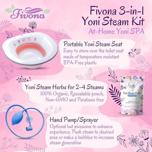 FIVONA Yoni Steam Kit 3-in1 Set - Herbal Therapy - Steaming Herbs Blue Moon Recipe 1.76oz for 2-4 Sessions - Expandable V Steam Seat - Hand Pump - Vaginal Cleansing - PH Balance - Fertility Increase