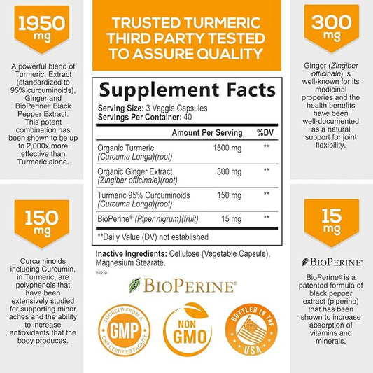 Turmeric Curcumin with BioPerine & Ginger 95% Curcuminoids 1950mg - 120 Capsules