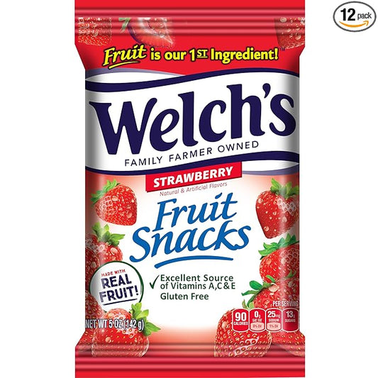 Welch's Fruit Snacks, Strawberry, Perfect for School Lunches, Sharing Size Bags, 5 oz (Pack of 12)
