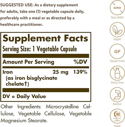 Solgar Gentle Iron, 240 Vegetable Capsules - Ideal for Sensitive Stomachs - Non-Constipating - Red Blood Cell Supplement - Non GMO, Vegan, Gluten Free, Dairy Free, Kosher - 240 Servings