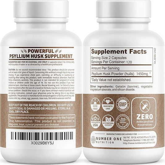 N1N Premium Psyllium Husk Capsules [All Natural,1450 MG] 240 Caps