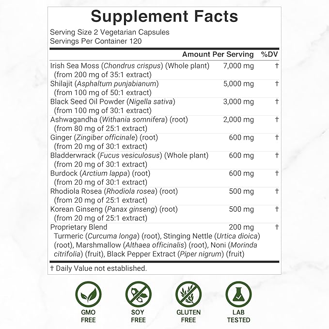 DEAL SUPPLEMENT Irish Sea Moss 7000mg 240 Veggie 14 Superfood 3000mg Black 2000mg Ashwagandha, 600mg Ginger