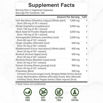 DEAL SUPPLEMENT Irish Sea Moss 7000mg 240 Veggie 14 Superfood 3000mg Black 2000mg Ashwagandha, 600mg Ginger