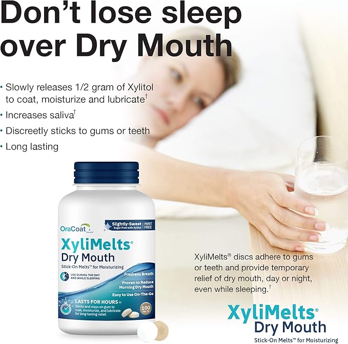 OraCoat XyliMelts Dry Mouth Relief Moisturizing Stick-On-Melts w/Xylitol, 100 Count, Slightly Sweet, Helps Stimulates Saliva for Dry Mouth, Non-Acidic
