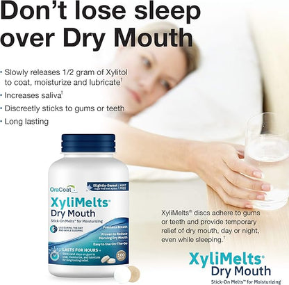 OraCoat XyliMelts Dry Mouth Relief Moisturizing Stick-On-Melts w/Xylitol, 100 Count, Slightly Sweet, Helps Stimulates Saliva for Dry Mouth, Non-Acidic