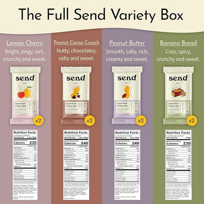 Send Bars Plant-Based Vegan Healthy Protein Bars, With Greens (The Full Send Variety Box, 8 Bars) – Lemon Cherry (x2), Peanut Butter (x2), Banana Bread (x2), Peanut Cacao Crunch (x2)