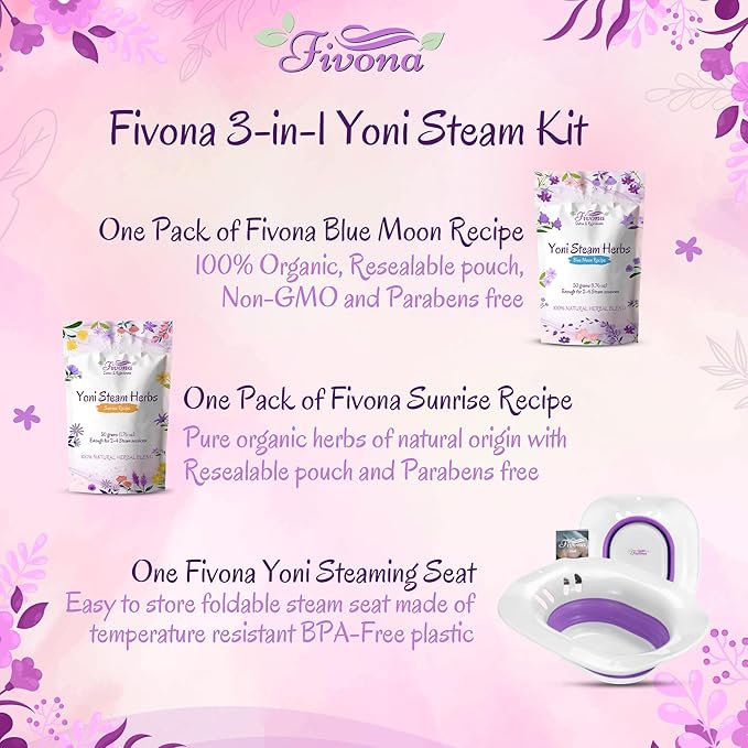 Fivona Yoni Steam Kit 3-in-1 Complete Set of Over The Toilet Foldable Steamer Seat and Hand Pump with 1 Pack of Blue Moon and 1 Pack of Sunrise Yoni Steaming Herbs