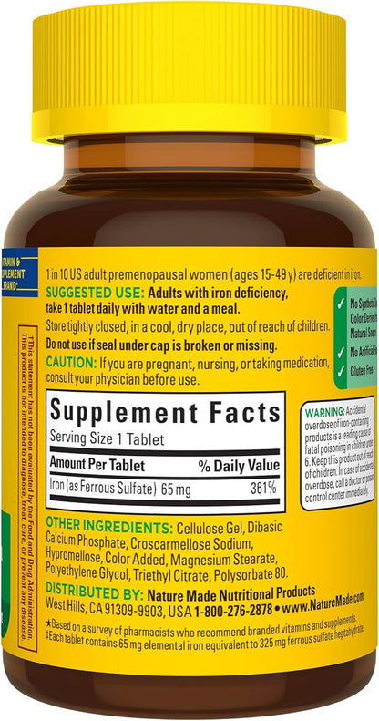 Nature Made Iron 65 mg (325 mg Ferrous Sulfate) Tablets, Dietary Supplement for Red Blood Cell Support, 180 Tablets, 180 Day Supply (Pack of 2)