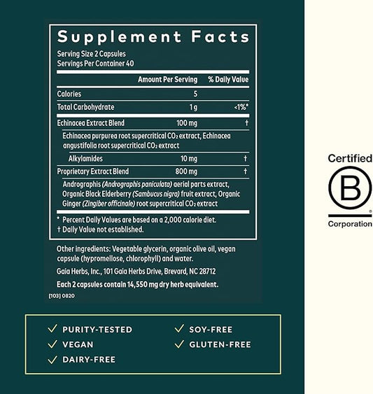 Gaia Herbs Quick Defense - Fast-Acting Immune Support Supplement for Use at Onset of Symptoms - with Echinacea, Black Elderberry, Ginger & Andrographis - 80 Vegan Liquid Phyto-Capsules (8-Day Supply)